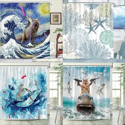 Funny Cat Shower Curtains Sea Waves Sharks Birds Fun Animals Ocean Landscape Fabric Bathroom Decor Children Bath Curtain Sets