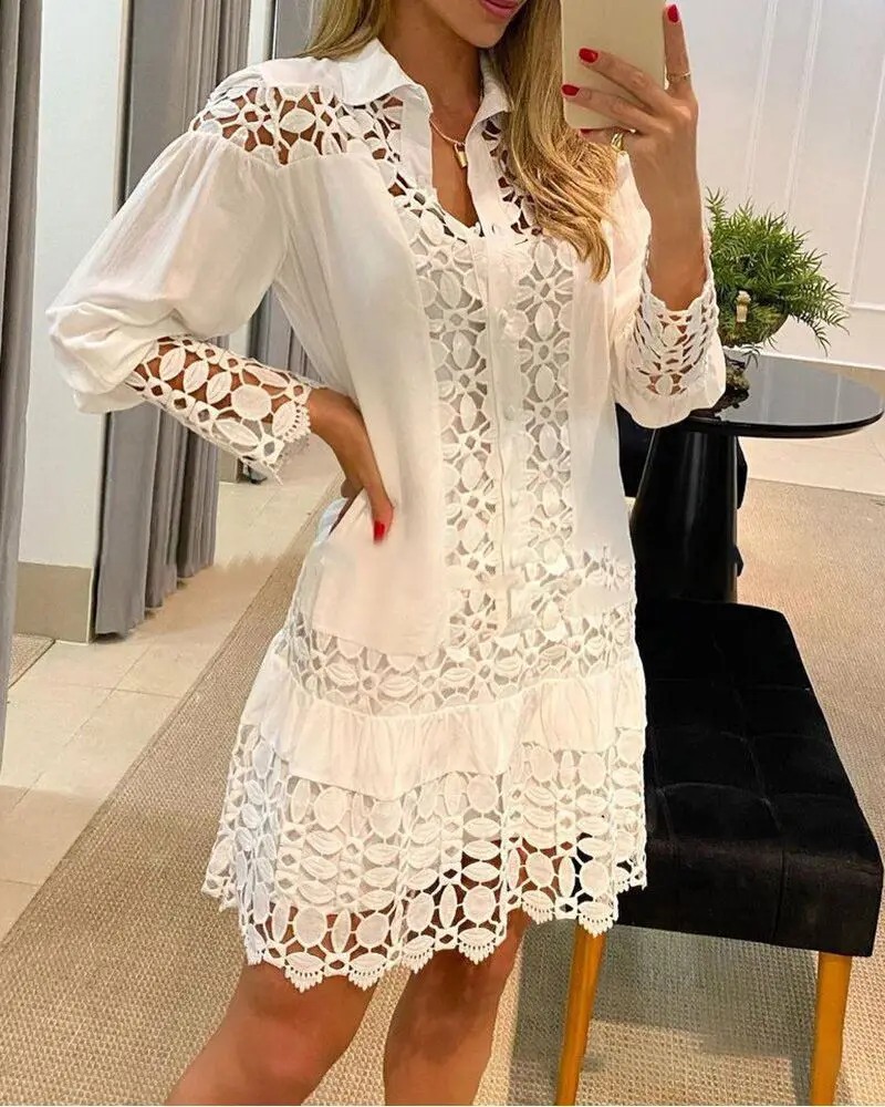 Ele couleur Pure col Long Sve irt Dr femme Faionable t-shirt Sle taille haute a-ligne été Dr