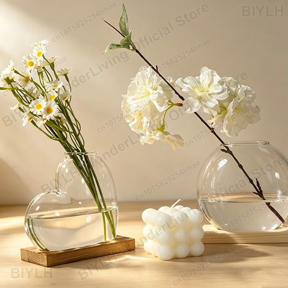 Round Glass Terrariums with Wooden Tray for Propagation Home Decoration Small Hydroponic Plants Vase Transparent Vase Gifts