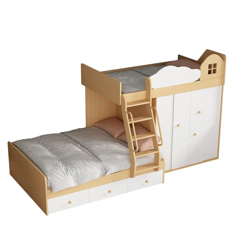 

Staggered upper and lower beds Multifunctional combination bed Children's clothing and hat E room High