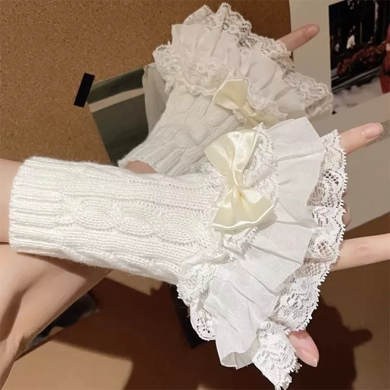 Lace Bowknot Sleeve Winter Women Girl Y2K Lolita Warm Stripe False Sleeve Sweet Daily Shopping Gloves Fashion Clothing Accessory