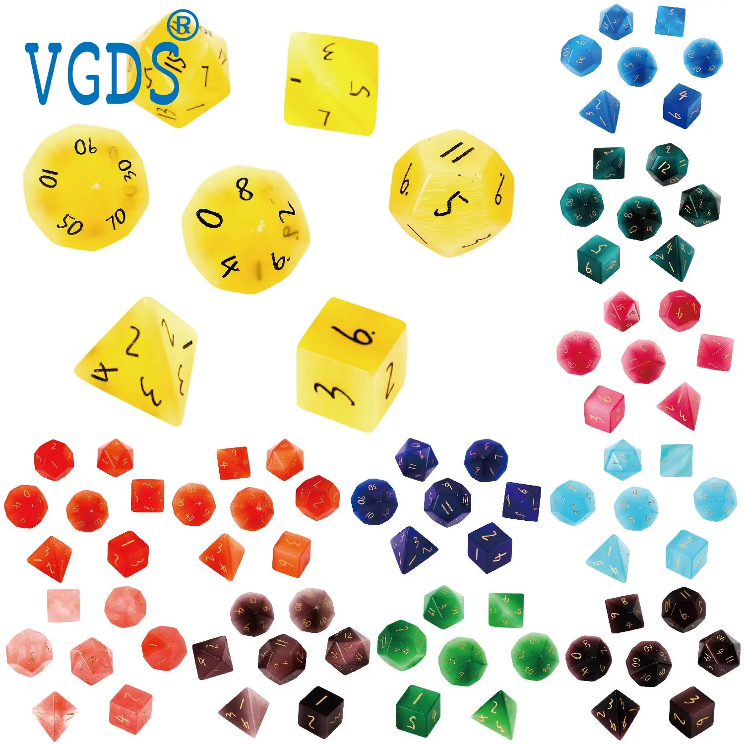 

VGDS Arial Font Engraved Numbers Flicker Cat's Eye Crystal Table Role Play Game 7Pcs/SET D4 D6 D8 D10 D12 D20 Dice