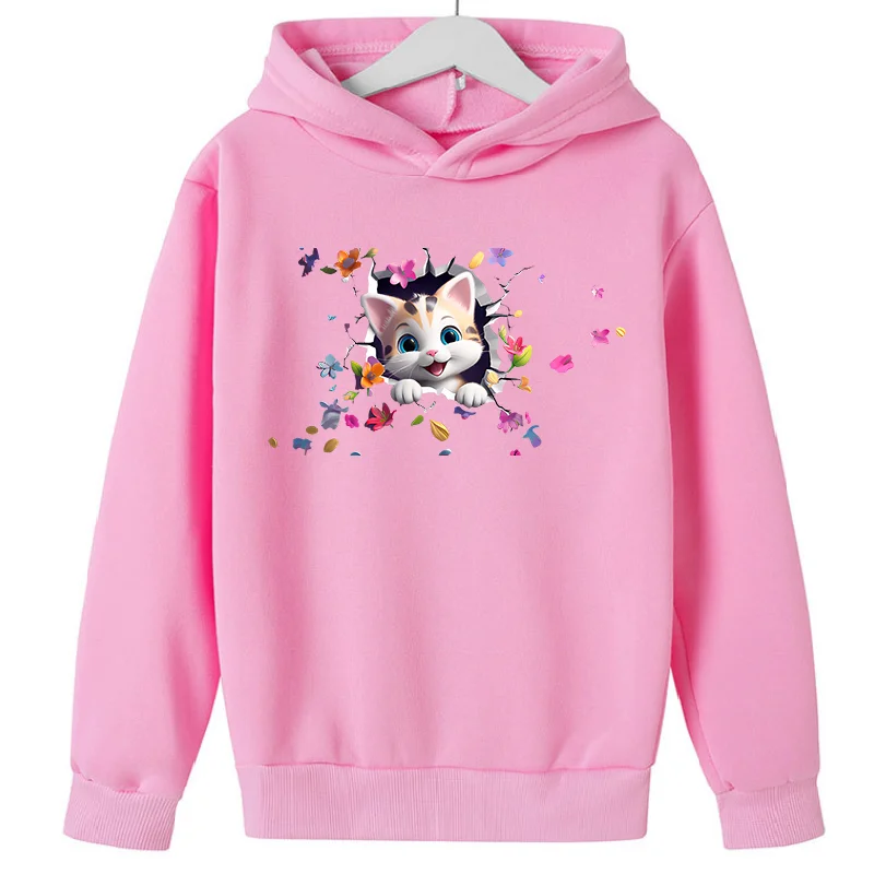 Colorful Cute Cat  Print Cute Sweatshirts Girls GYM Lover Birthday Gift Pink Top Thick Clothes Kids  Hooodie