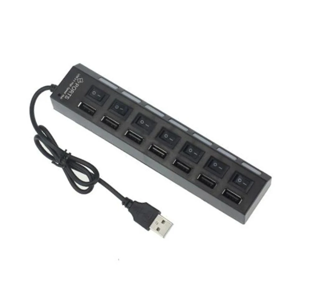 Schwarzer Kunststoff-USB-2.0-Hub mit sieben Anschlüssen, mit individuellen Netzschaltern für jeden Anschluss, ausgelegt für eine effiziente Gerätesteuerung.