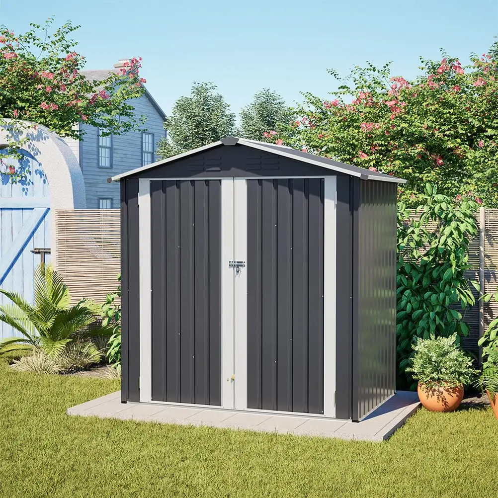 Steel Outdoor Storage Shed Lockable Door Sloped Roof Weather Resistant Garden Tool House Backyard Patio Lawn, Customized