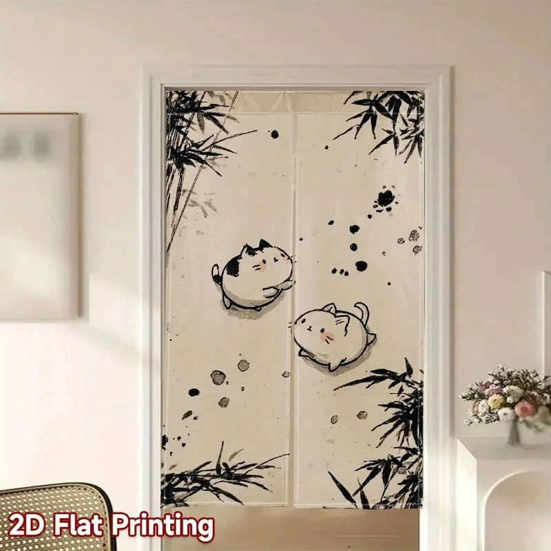 VIKAMA Japanese Noren Door Curtain Cute Ink Painting Cat Bamboo Print Fabric Room Divider Curtain for Home Decor