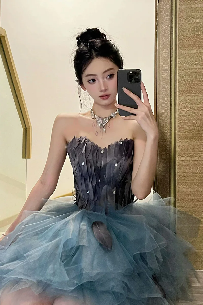 Feather Strapless Quinceanera Dresses Princess Puffy Skirt Long Short Back Long Dress Party Pr Dress Birthday Dress Customized