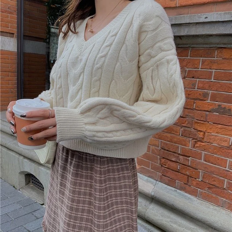 

Casual Short Pullovers Solid Casual V-Neck Slim Twist Knitted Sweater Autumn Winter Vintage Office Lady Long Sleeve Jumper Top