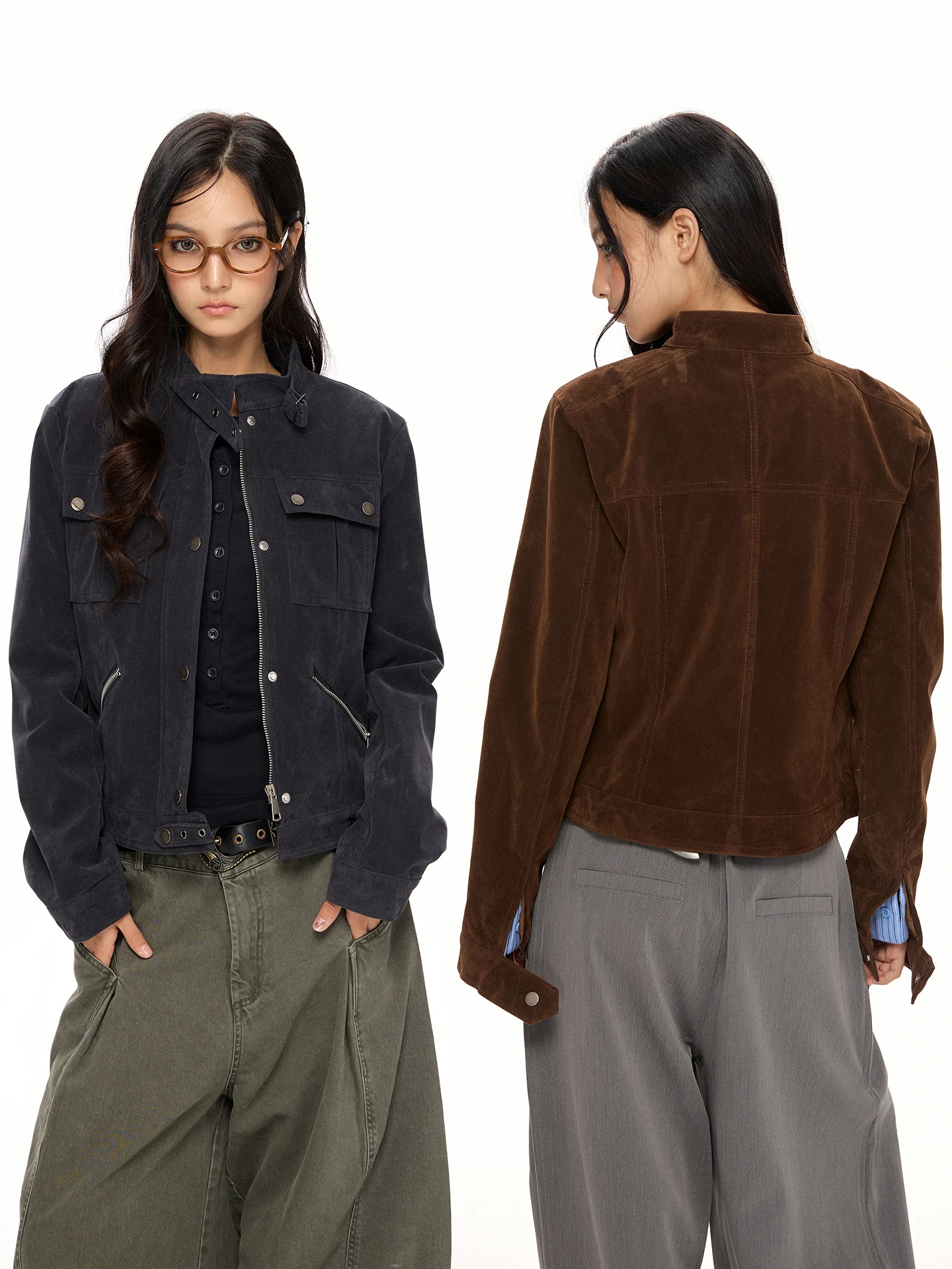 Kurtka damska w stylu retro, amerykańska, vintage, ze sztucznej skóry, wielowarstwowa, robocza, z ozdobnym zamkiem błyskawicznym na ramieniu.