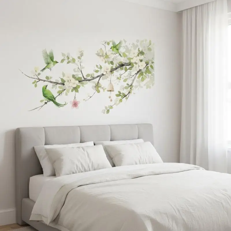 Pear Tree Branches Bird Wall Decal Bedroom Wall Art Decor Removable Self-Adhesive Fresh Plant Background Sticker