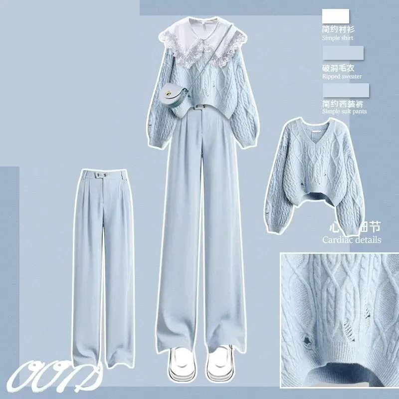 2023 Autumn/Winter New Matching Set Women\'s Loose Sweater Shirt Wide Leg Pants Three Piece Korean Elegant Pullover Trousers Suit