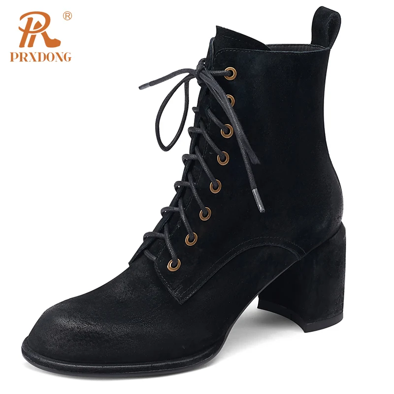 

PRXDONG New Brand Genuine Leather Shoes Woman Ankle Boots Chunky High Heels Lace Up Black Brown Dress Party Lady Shoes Size 42