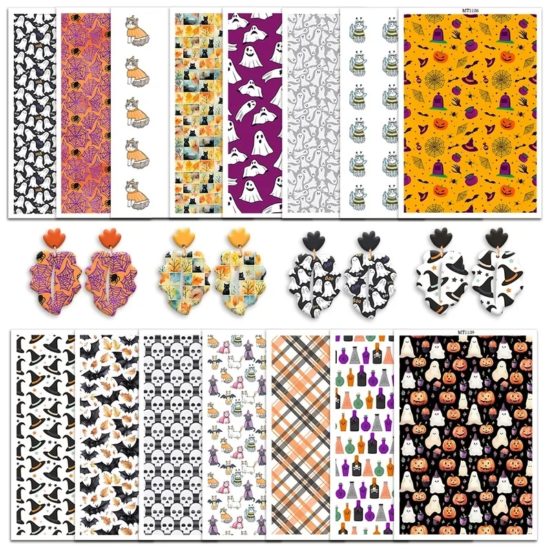 DIY Halloween Theme Earring Jewelry Decals Polymer Clay Transfer Stickers Featuring Bats Ghosts Pumpkins Witch Hats Skulls