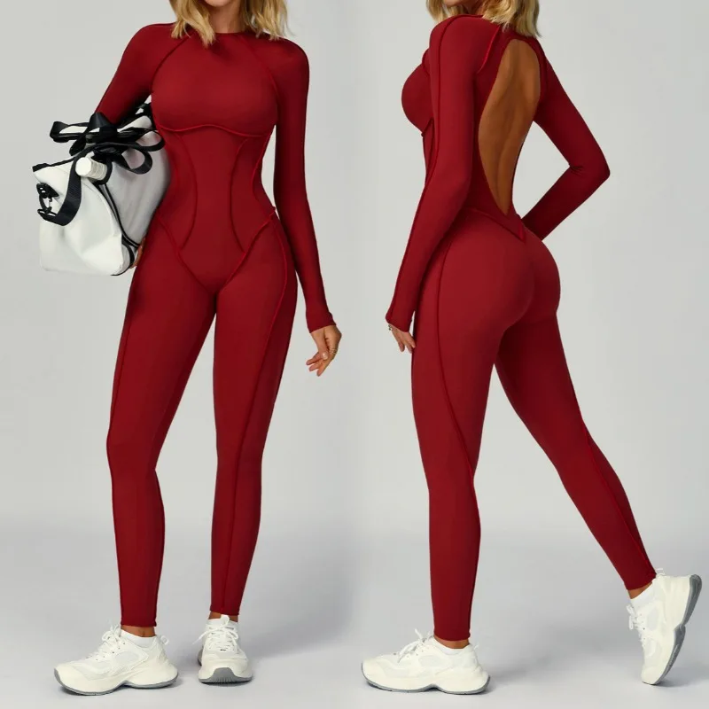 

Women's Seamless Yoga Jumpsuit Hollow Out Back Dimensional Lines Long Sleeves Tight Fitting Running and Fitness Clothing