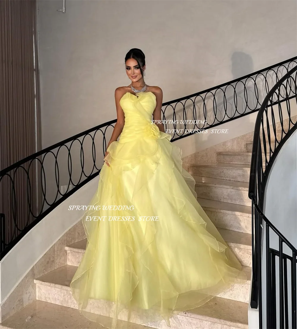 SPRAYING élégant Organza jaune robe de soirée chérie plissée robe de soirée dubaï Arabo une ligne longue robe d'événement formel personnalisé