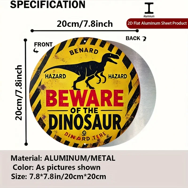 2D Flat, 2D Flat 1pc Beware Round Aluminum Sign, Hazard Round Wall Decor Benard Rustic Metal Wall Art, Dinosaur Metal Wall Art D