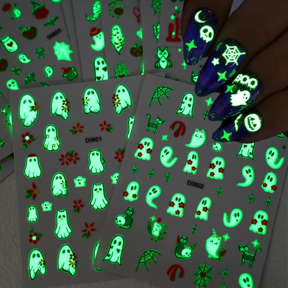 1 pçs 3d bonito brilho no escuro fantasma adesivos de unhas para halloween slime abóbora aranha web luminosa auto adesivo decalques suprimentos para unhas