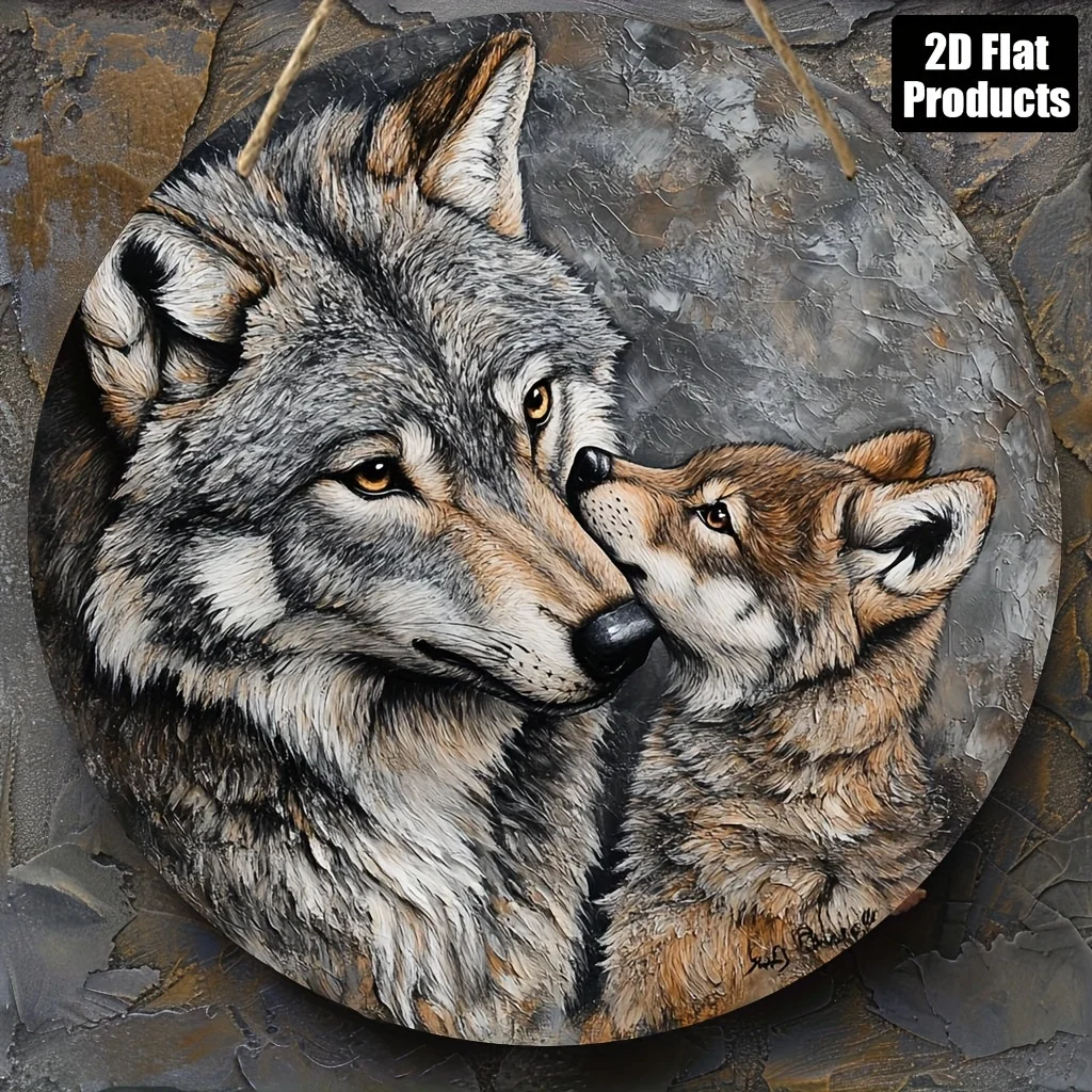 2D Flat Pendants, Drops Finials 2D Plane - [Durable Structure] Knitted Wolf-Themed Round Wooden Wall Art - Featuring Vibrant Wol
