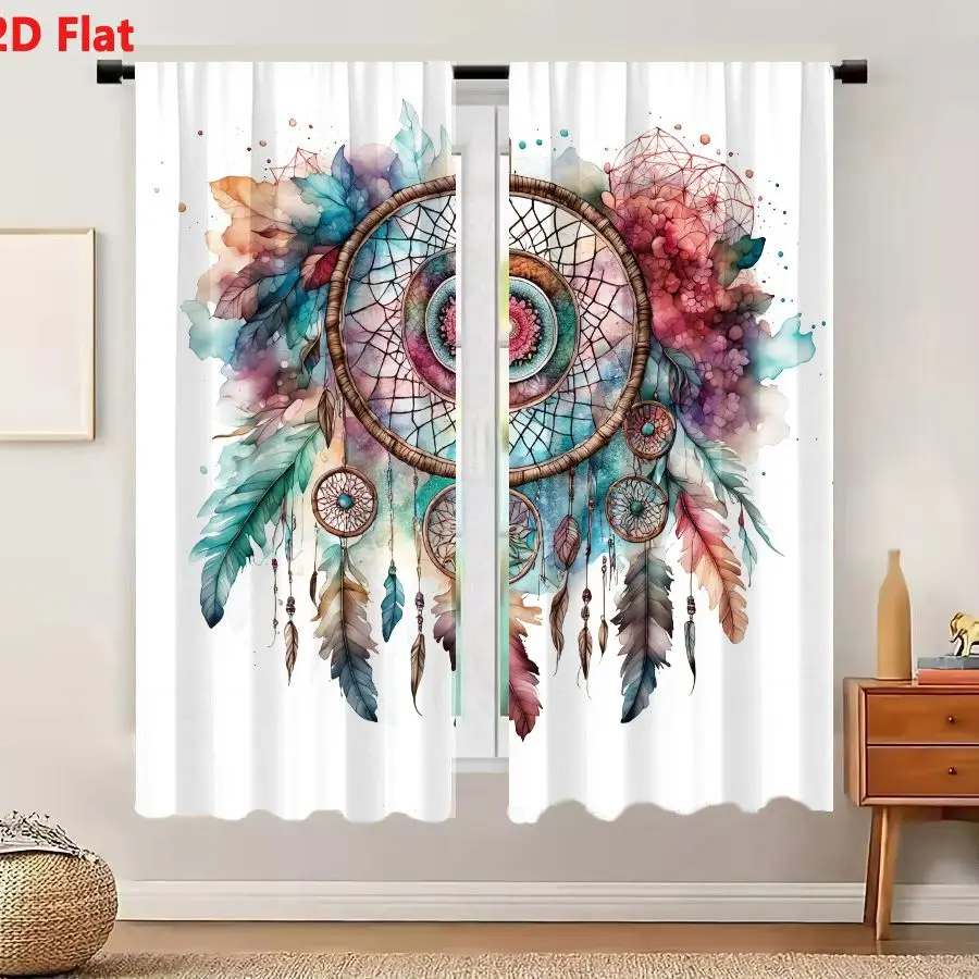 2Pcs Curtains 2D Flat Dreamcatcher With Woven Twigs Frame Colorful Feathers And Beads Window Drapes for Bedroom Room Decor Decor