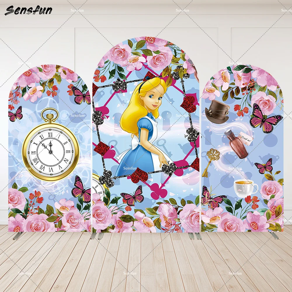 Disney Alice in Wonderland panel dinding melengkung bunga jam kupu-kupu latar belakang pesta teh untuk spanduk ulang tahun anak perempuan 2 sisi