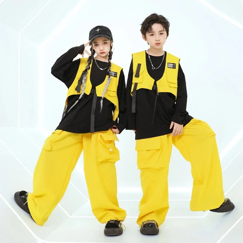 

Children Jazz Dance Costume Boys Girls Hip Hop Street Dance Clothes Kids Fashion Show Stage Outfit Streetwear Yellow Pants