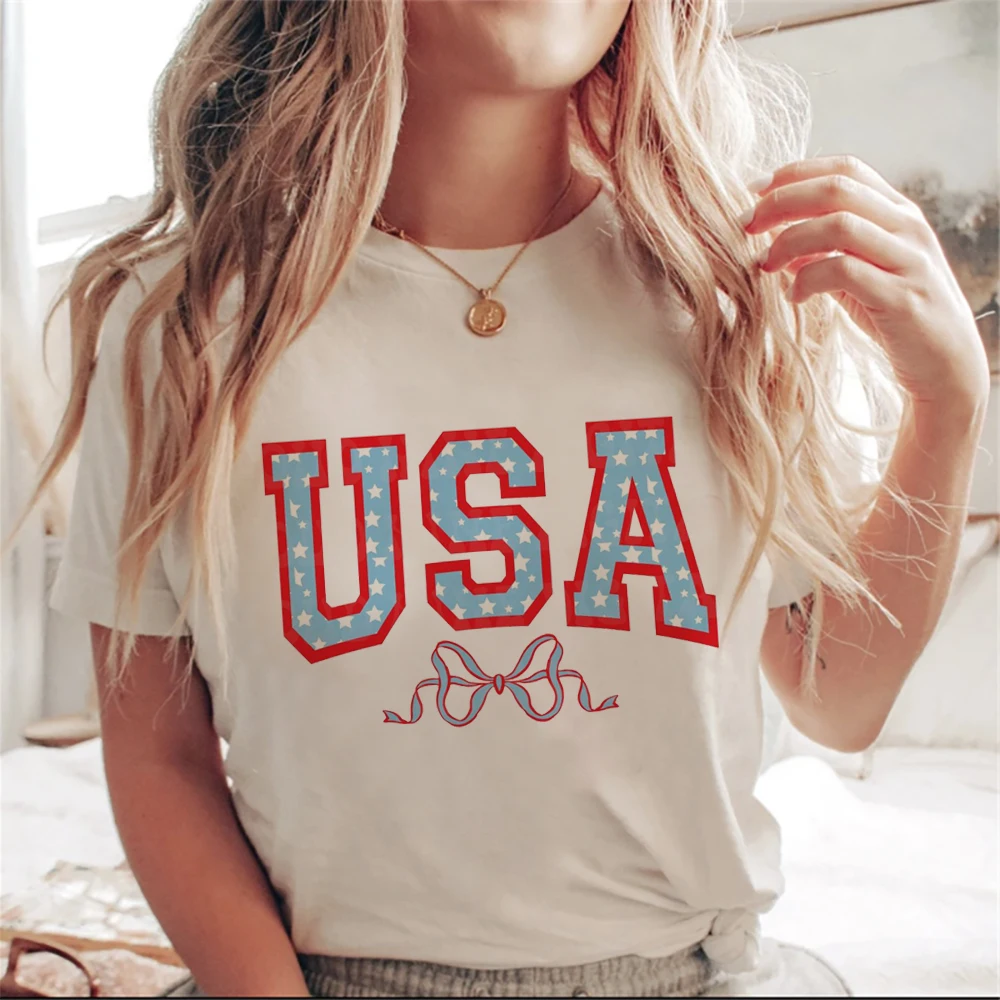 Short sleeved America 4th of July Fashion Women's Pattern T-shirt Women's Print 90s Summer Casual Women's O-neck Clothing T-shir