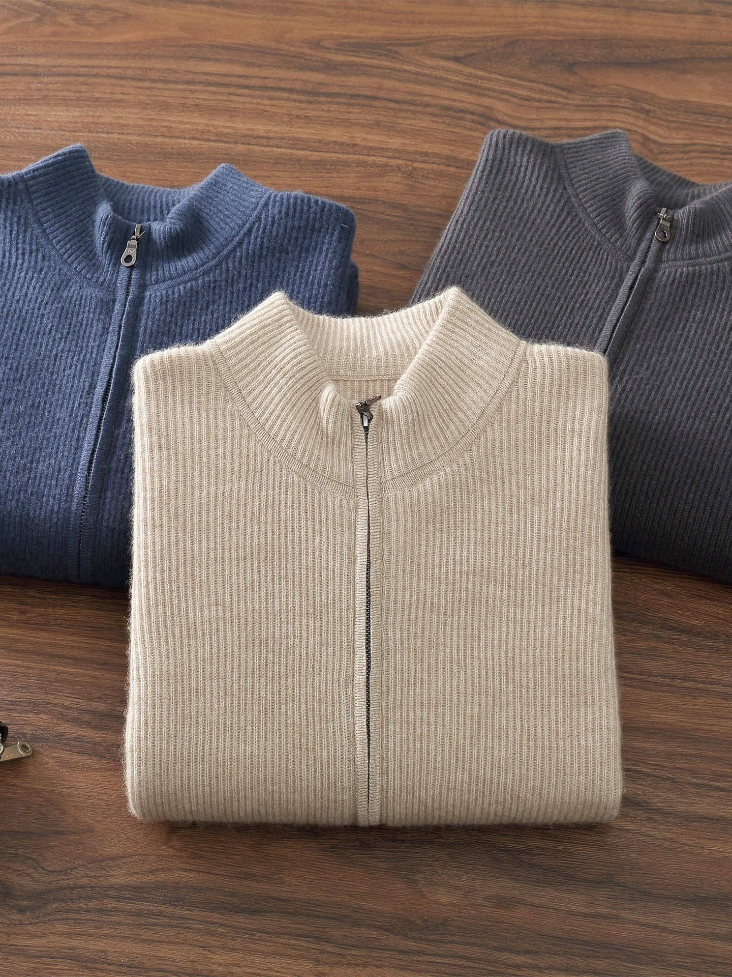Simple 100% Pure Cashmere Cardigan Sweater Autumn Winter Men's Soild Polo Collar Zipper Loose Knitted Basic Long Sleeve Jacket