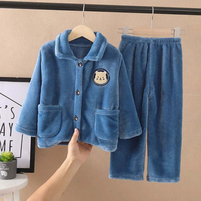 

Детские осенне-зимние фланелевые пижамы, утепленный комплект из кораллового флиса для мальчиков и девочек, мягкая приятная детская безопасная домашняя одежда, сертифицированная CE