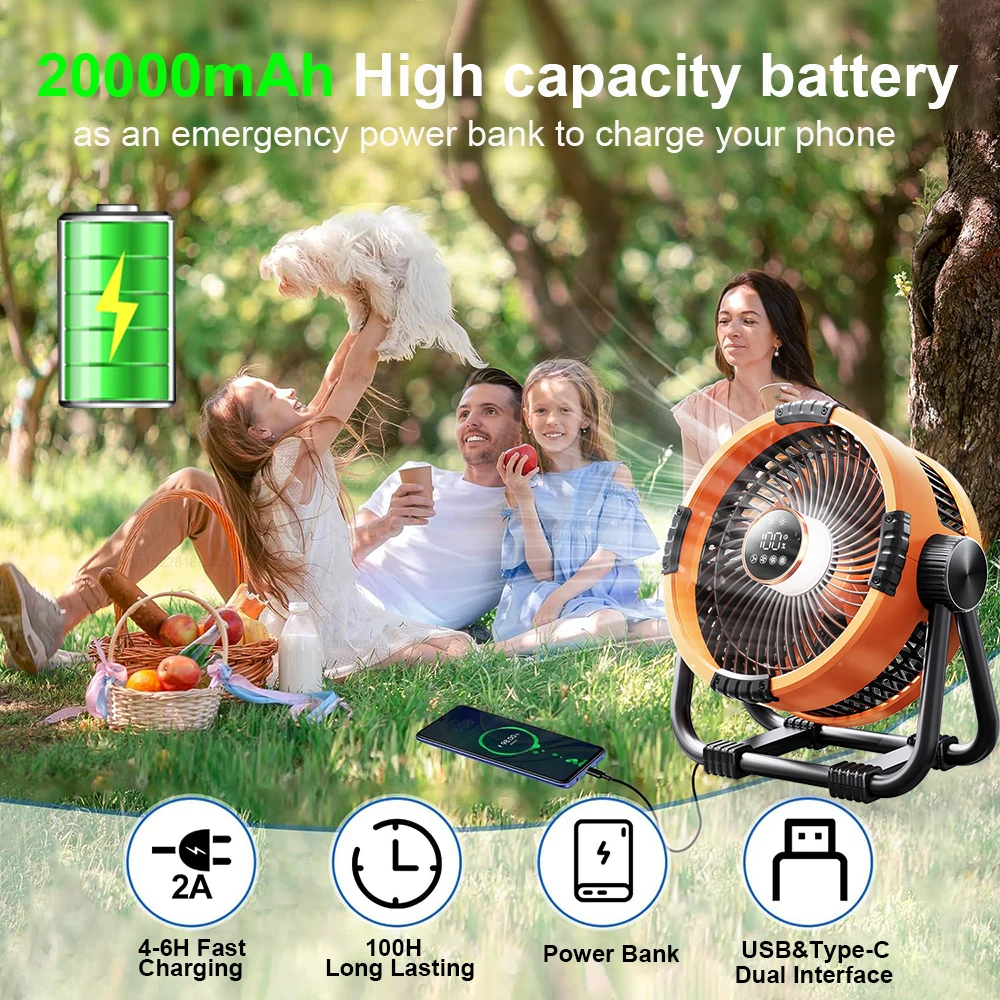 Kampeerventilator 20000Mah Draagbare Haak Camping Plafondventilator Oplaadbare Circulatiepomp Draadloze Kampeerventilatoren Met Lichte Afstandsbediening