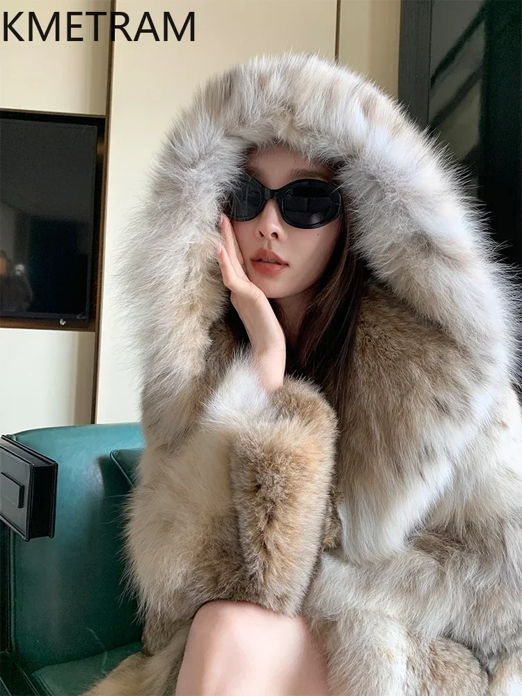 Natural Lynx Fur Jacket Luxury Long Fur Coat Women with Hood High Quality Jackets for Winter 2024 Womans Clothing шуба женская