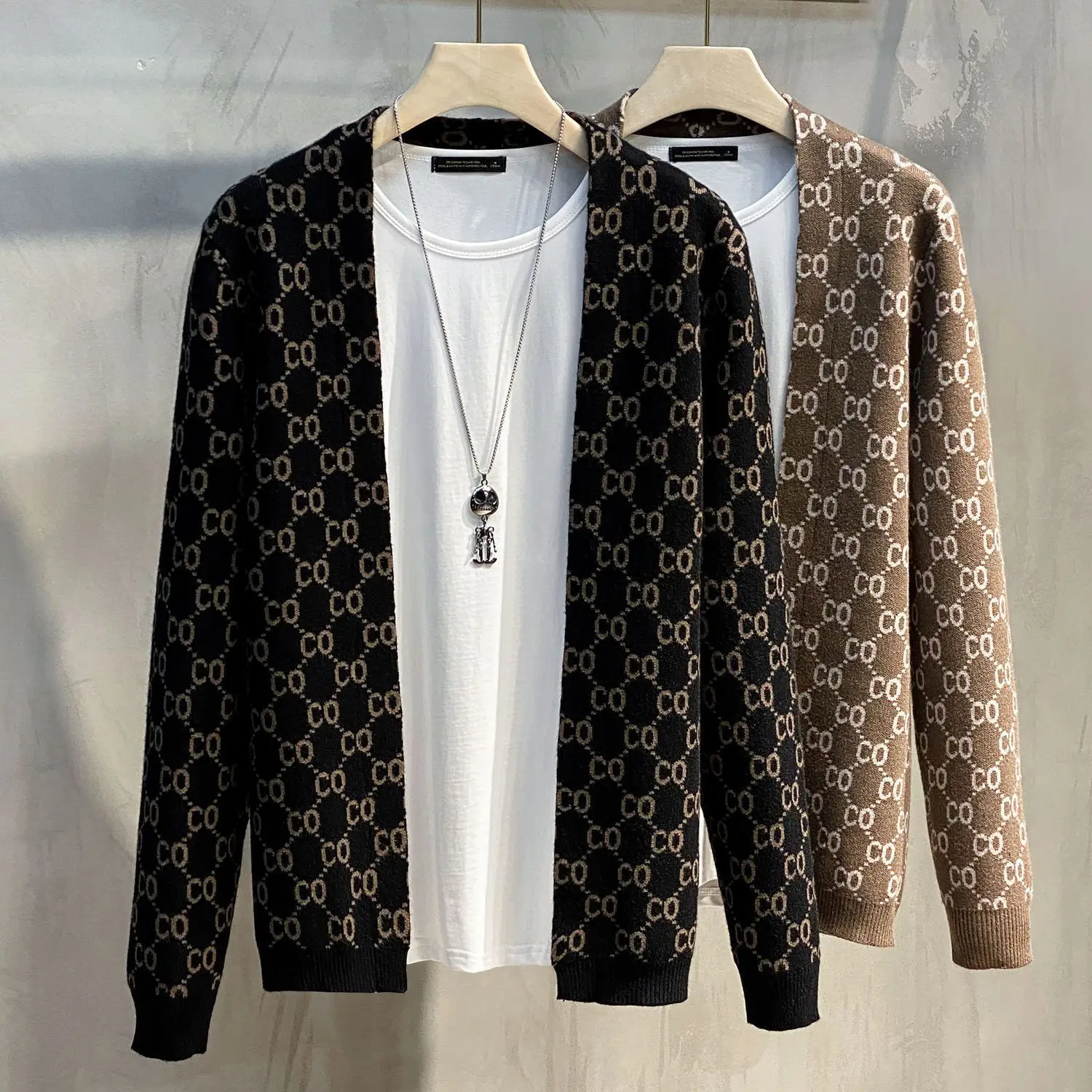 

2025 spring and autumn new knitted sweater men's cardigan thin men's jacket thorn printed clothes trend