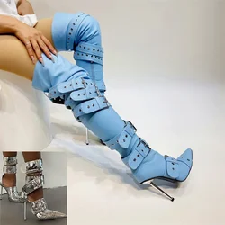 New Women Denim Metal Rivet Buckle Sandals Women Sexy Punk Style Pointed Hollow Metal 11cm High Heel Knee High Boots Size34-43