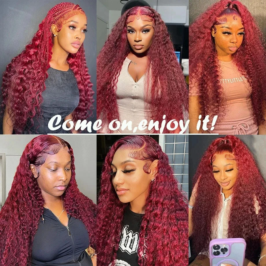 250 Density Deep Wave 99J Burgundy 13x4 Lace Frontal Wigs Human Hair Deep Curly Transparent Lace Front Human Hair Wig Red Color