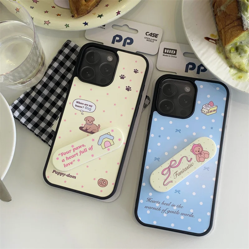 Корейский чехол для телефона с милым щенком и звездой в горошек для iPhone 16 Pro 15 14 13 Pro Max, чехол с подставкой, мультяшные жесткие чехлы Funda