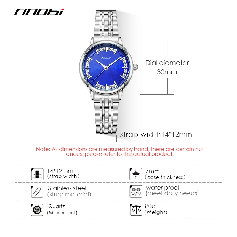 Sinobi New Arrival Fashion Woman's Watches Top Luxury Stainless Steel Ladies Quartz Wristwatches Blue Elegant Clock for Girl