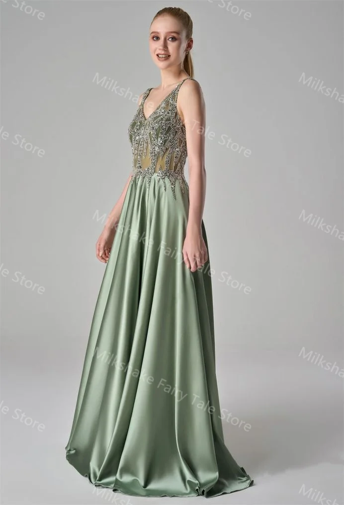 Green A Line Evening Dresses Glitter Lace Beads Sleeveless Prom Gowns V Neck Floor Length Customized Wedding Guest Gowns