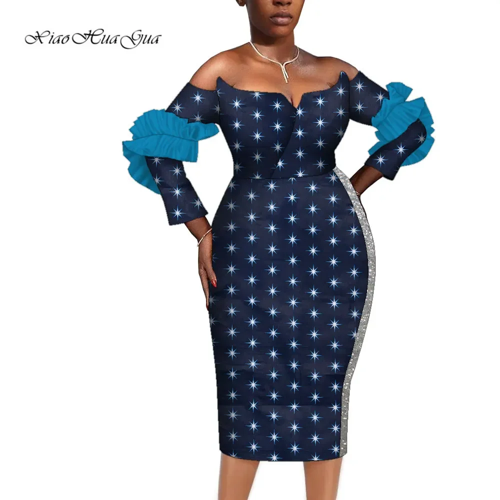 

African Dresses for Woman African Wax Print CottonDress Off Shoulder Ruffled Long Sleeve Ankara Dresses for Party WY9301