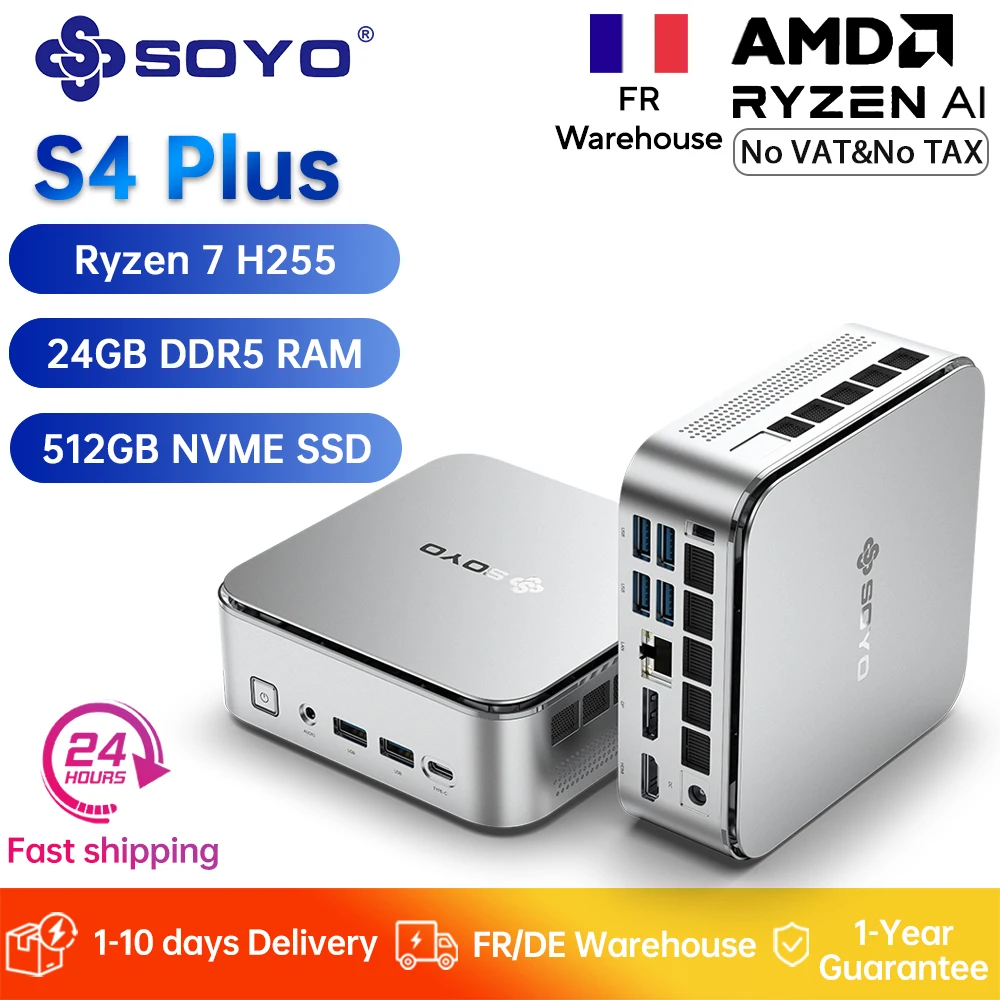 Mini PC de jeu SOYO S4 Plus, AMD Ryzen 7 H255, 24 Go de RAM LPDDR5, 512 Go de SSD PCIE3.0, ordinateur de bureau, double affichage 4K 120 Hz, WiFi6/BT5.2