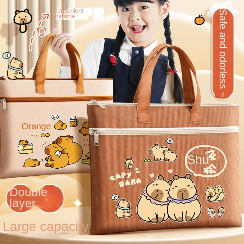 Zipper Tote Double Layer Tutorial Bag Portable Handbag Capybara Tote School Bag Multifunction Large-capacity Cartoon A4 File Bag