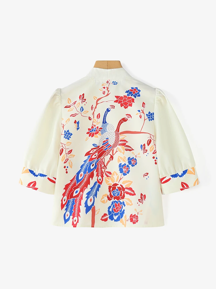ZANZEA Camicette da donna eleganti e chic con stampa pavone Camicette con scollo a V Mezza manica a sbuffo Camicie con bottoni Abbigliamento donna bohemien Pendolarismo S-3XL