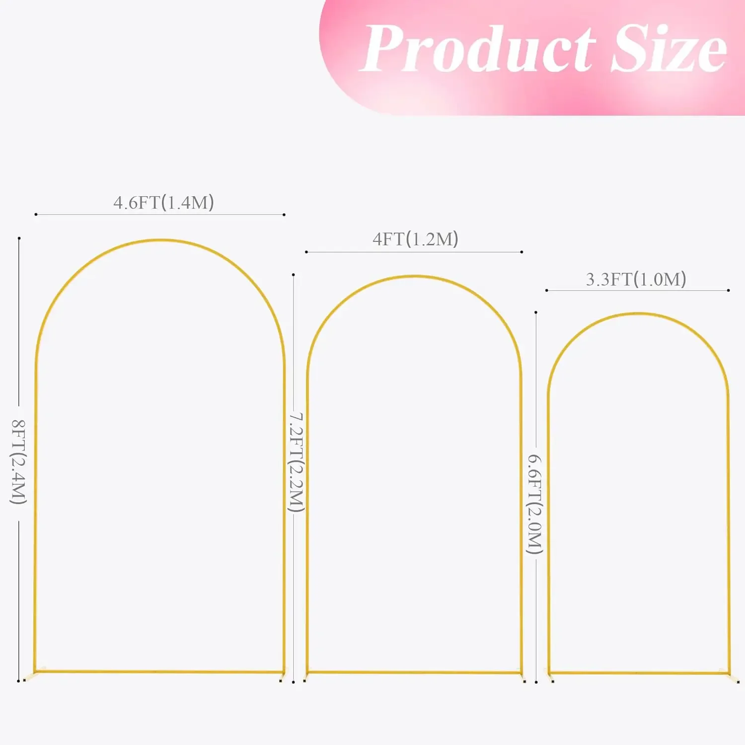 Wedding Arch Backdrop Stand 8FT, 7.2FT, 6.6FT Set of 3 Gold Metal Arch Backdrop Stand for Wedding Ceremony Baby NEW