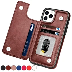 Portefeuille à double bouton avec fente pour carte, étui en cuir à rabat pour iPhone 16 Pro Max 15 Plus 14 13 Mini 12 11 SE3 SE2 X XS Poly 8 7