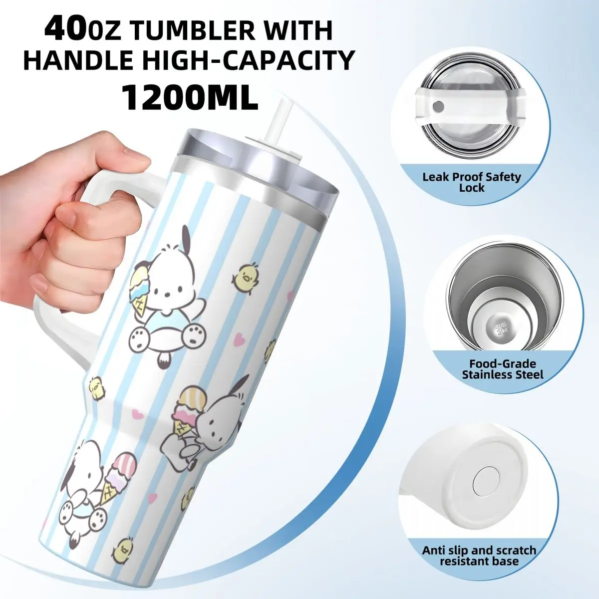 Pochacco Stainless Steel Tumbler Beach Thermal Mug With Straws and Lid Large Capacity Car Mugs Cold Drink Water Bottle