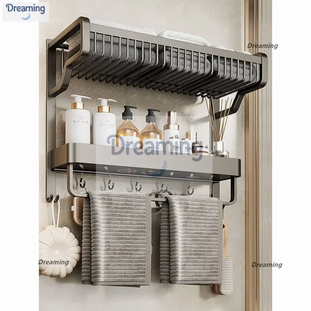 

Gun Ash Toilet Towel Rack No Punching Space Aluminum Bathroom Shelf Toilet Shelf Bath Towel Rack Wall Mounted
