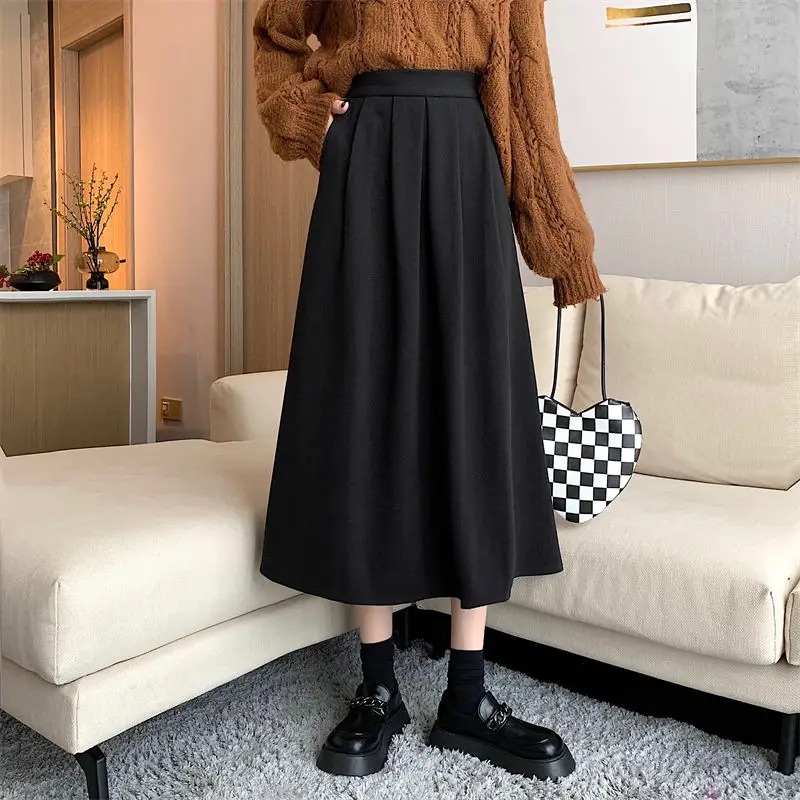 

Woolen Black Umbrella Skirt Half Body Skirt Versatile High Waist Mid Length Style Slimming and Crotch Covering A-line Skirt