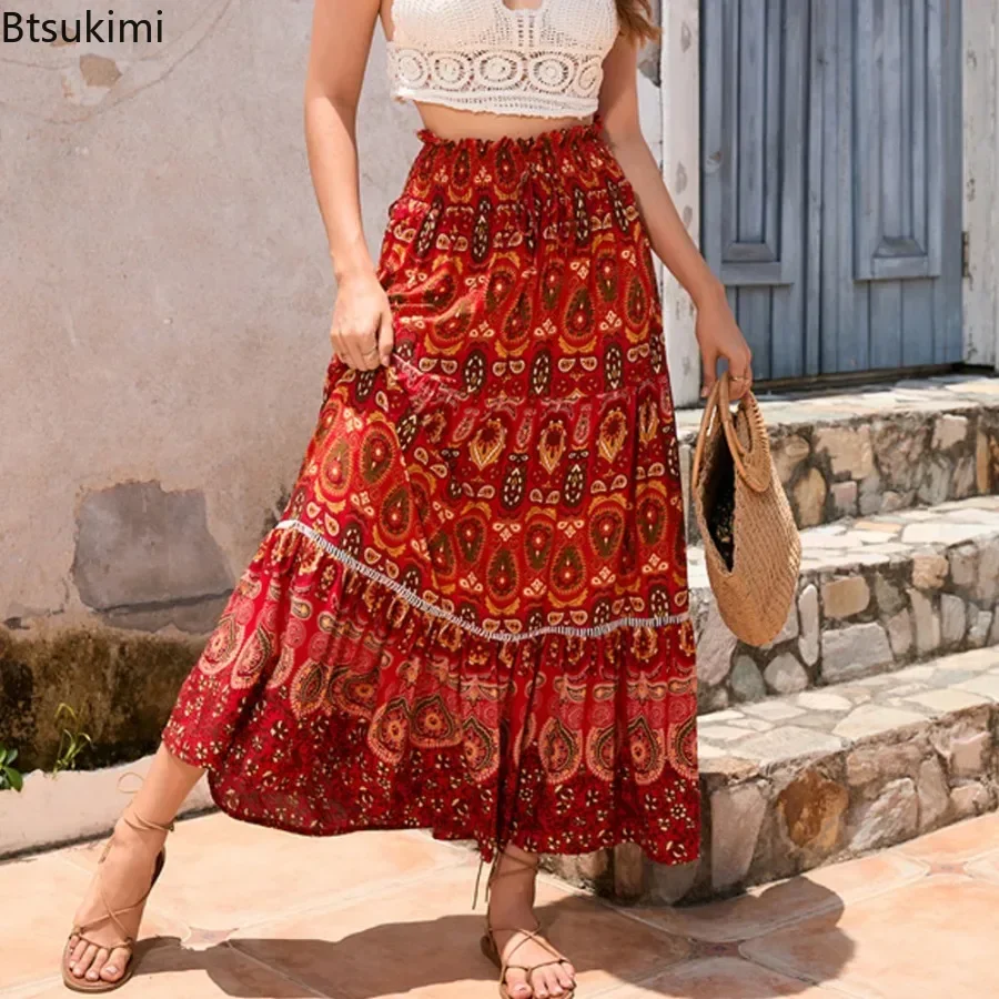 Vacation Style Beach Maxi Skirts Women's Fashion Printed High Waist Big Hem A-line Skirts Boho Vintage Casual Long Skirts Femme