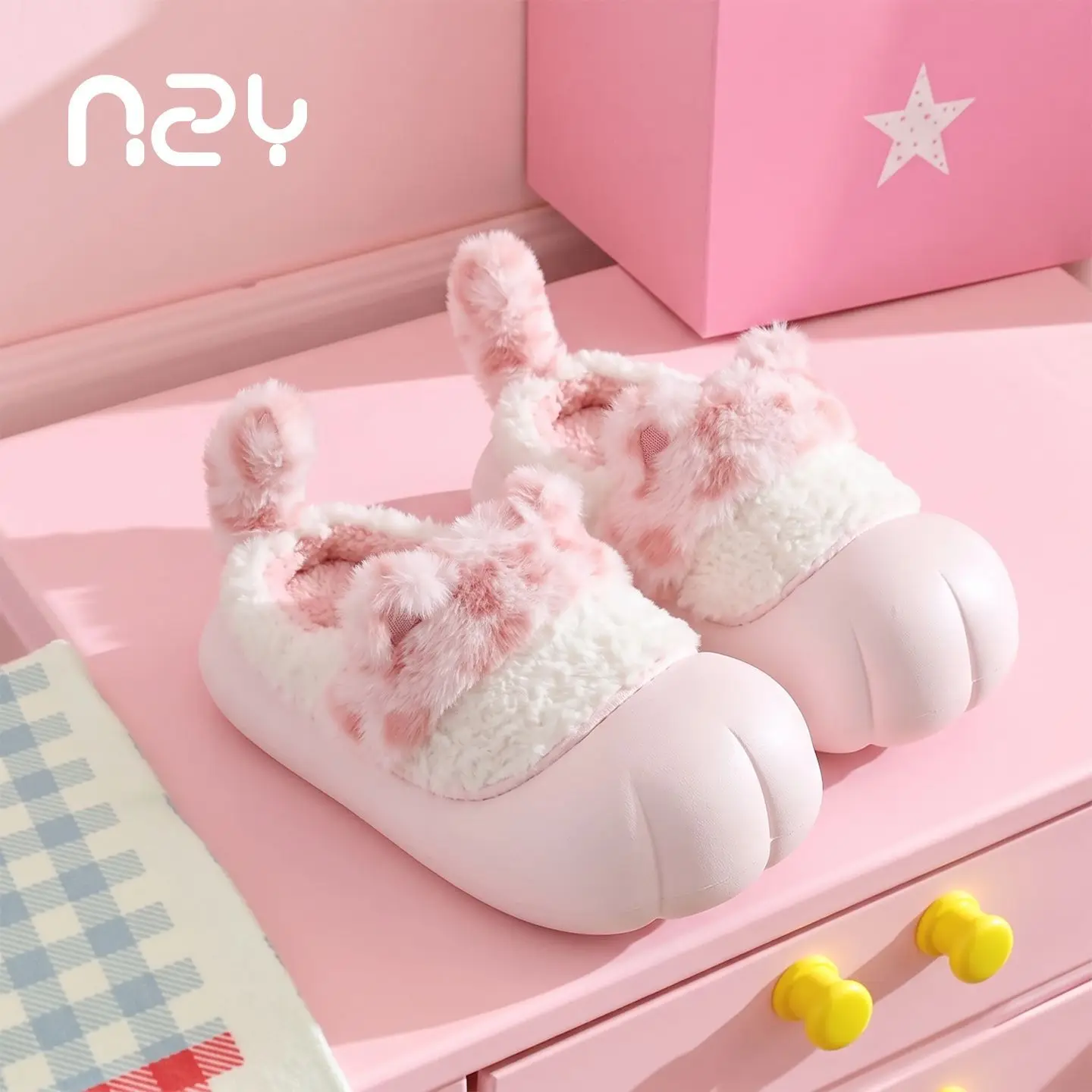 Child Y2K Women Cat Paw Slippers Spotted Leopard Cat Ears Fluffy Winter Slippers Waterproof Thick Sole Indoor Outdoor House Foot