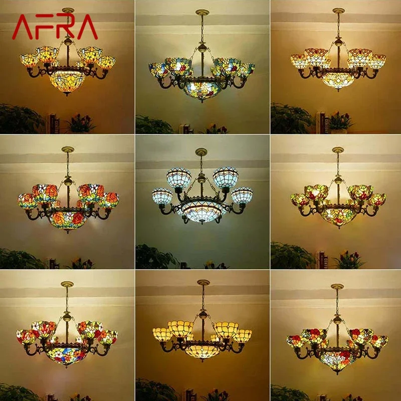 

AFRA Tiffany European Living Room PendantLamp Vintage Creative Color Glass restaurant Bedroom Hotel Chandelier