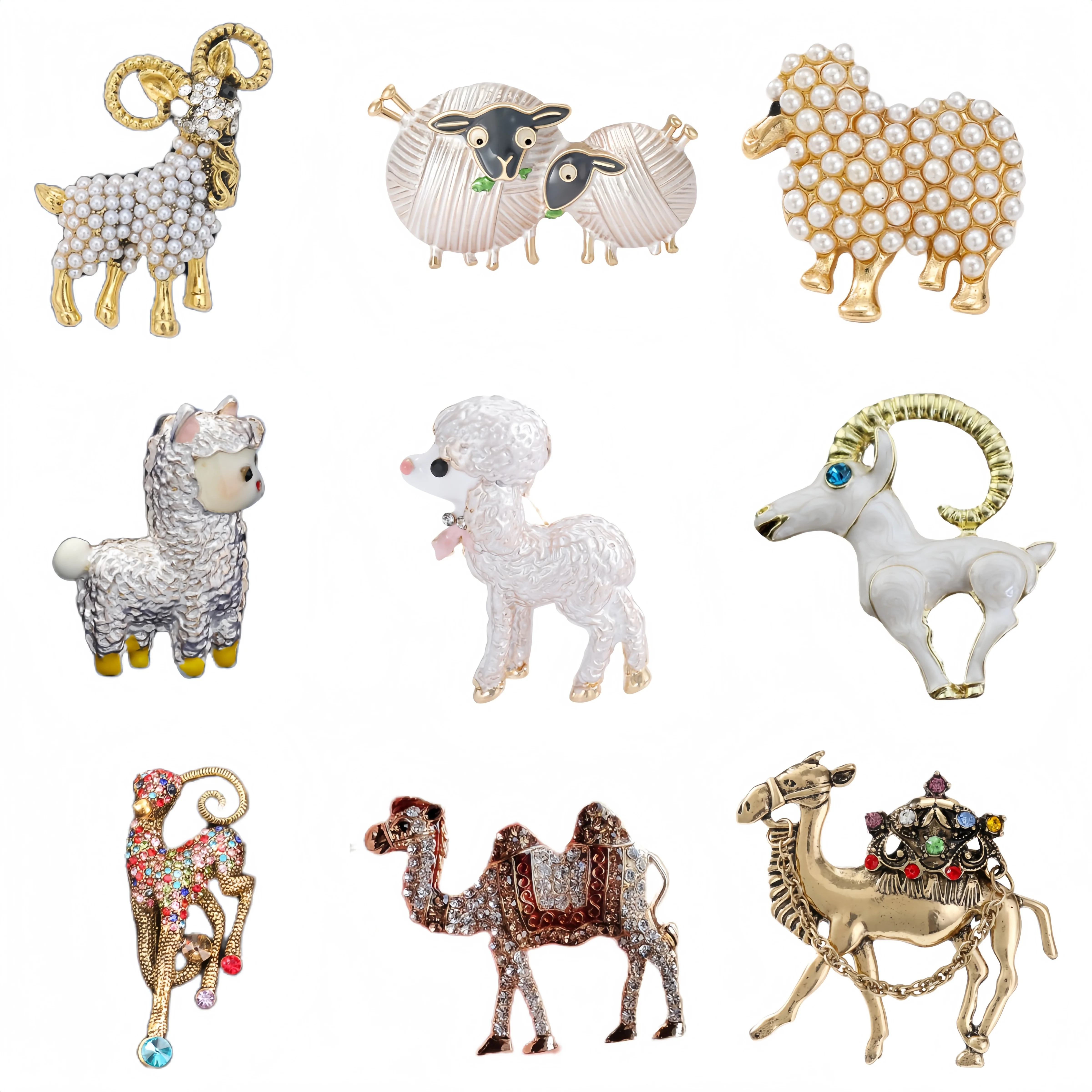 Essh&Pule Vintage Farm Animal Brooch Pearl Enamel Rhinestone Twin Sheep Goat Camel Alpaca Lapel Pin Women Zodiac Suit Jewelry