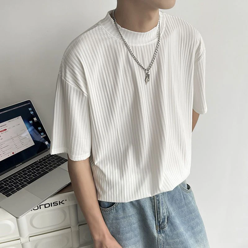 Summer Ice Silk Men Short Sleeve O Neck Streetwear Pleated Fashion Casual Harajuku Oversized Turtleneck Clothing Black White Top